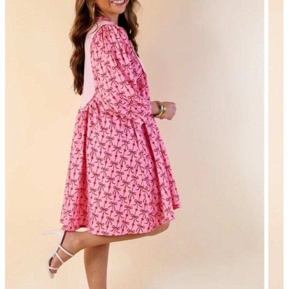 Simply Southern Pink Bow Yoke Babydoll Dress Puff Sleeve Valentine Coquette L - Picture 11 of 13
